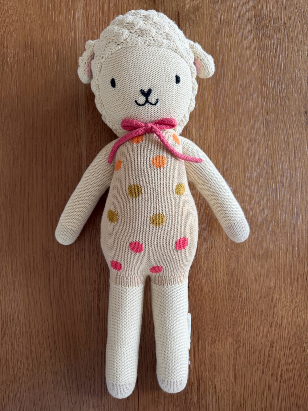 Cream Knit Polka Dot Bunny Plush with Pink Bow Accent